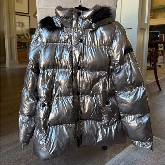 Silver Puffer Jacket with Black Faux Fur Trim - Picture 2 of 6